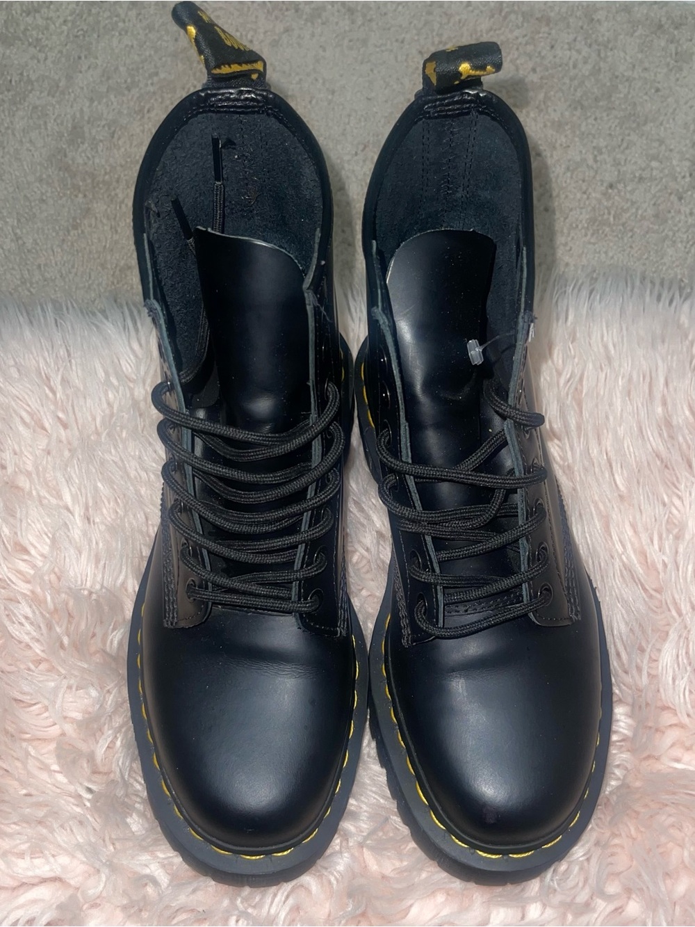 Dr. Martens Black Leather Lace-Up Boots with Yellow Stitching